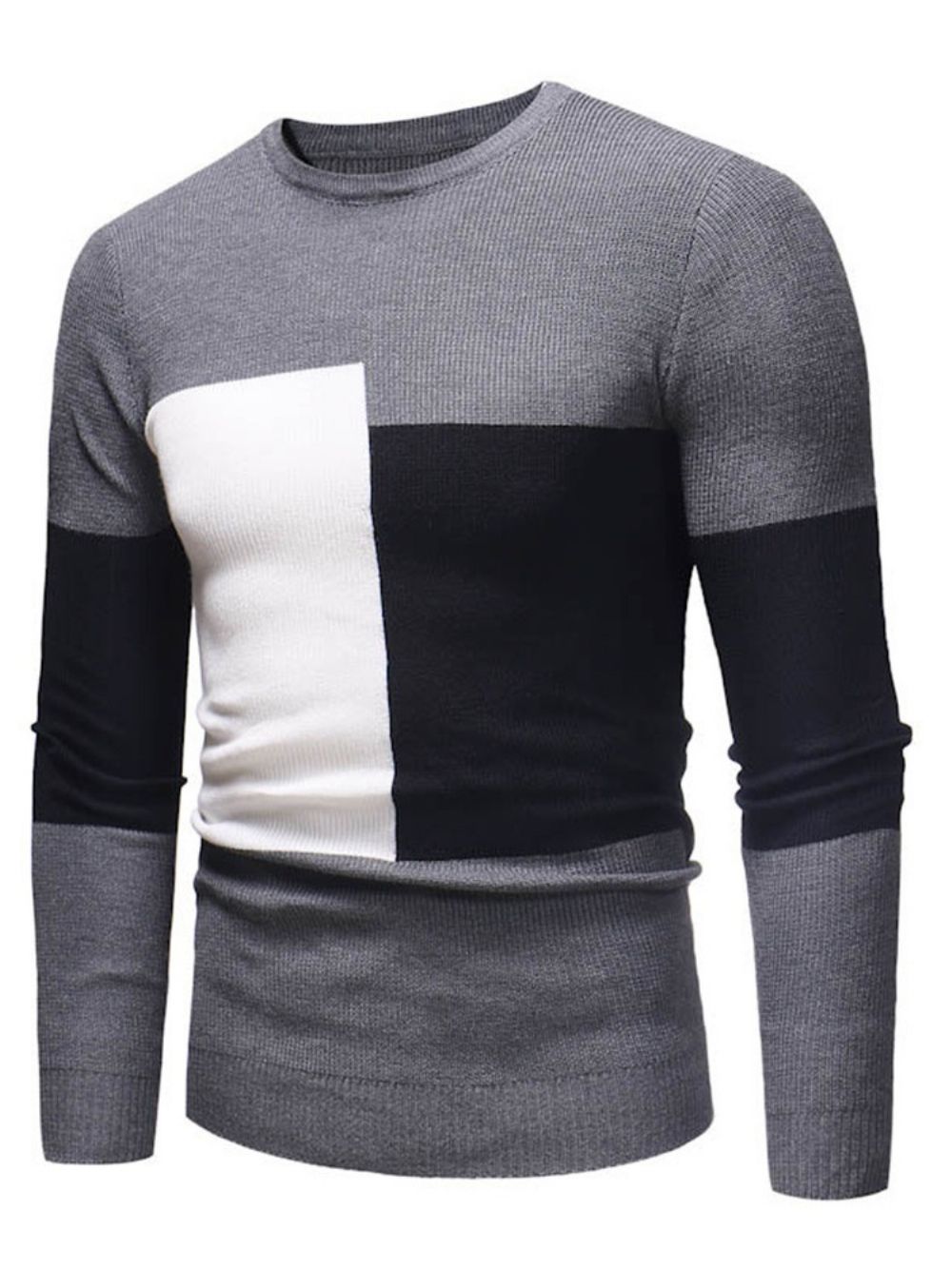 Suéter Casual Slim Com Decote Redondo Patchwork Color Block