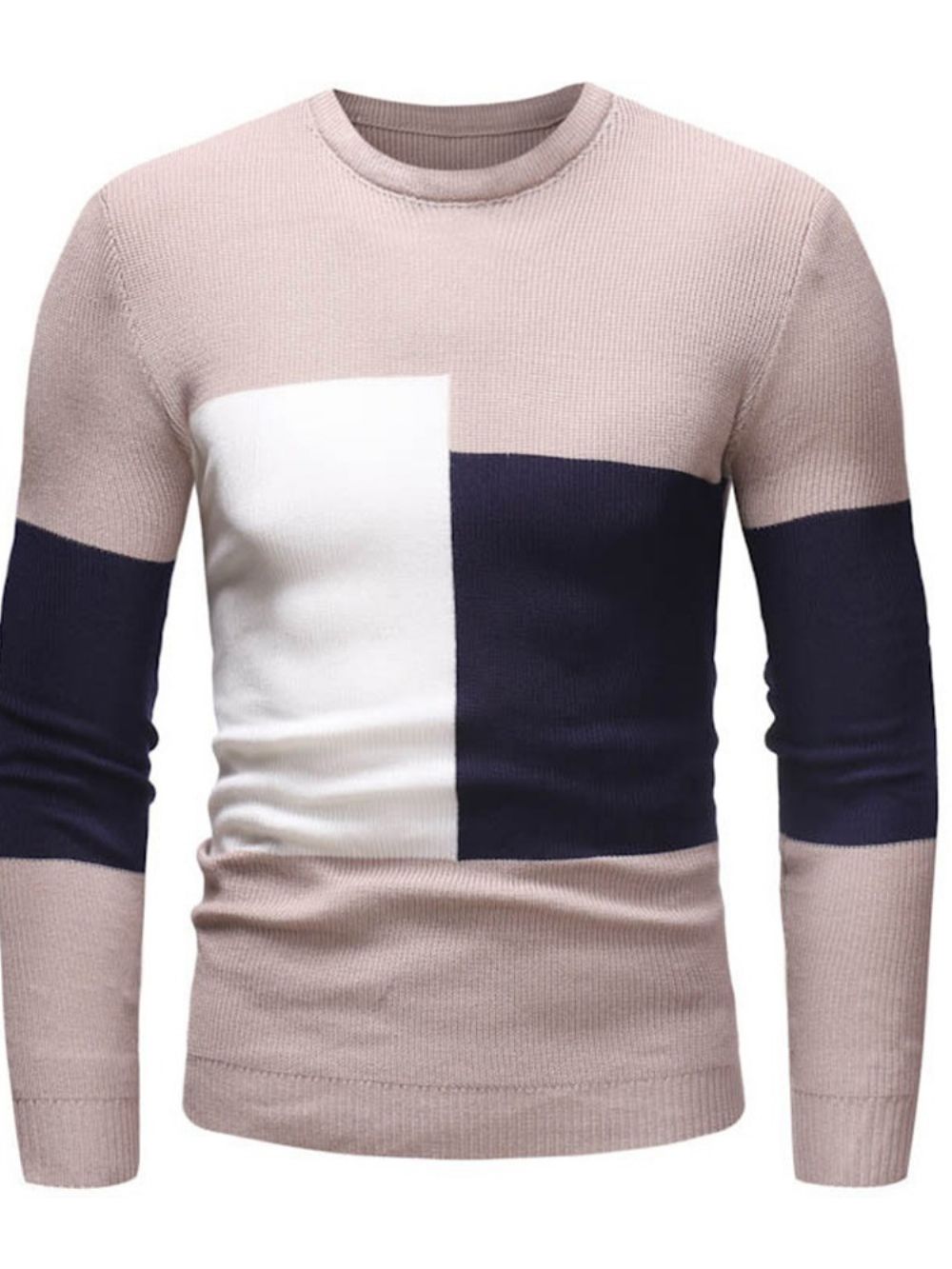 Suéter Casual Slim Com Decote Redondo Patchwork Color Block