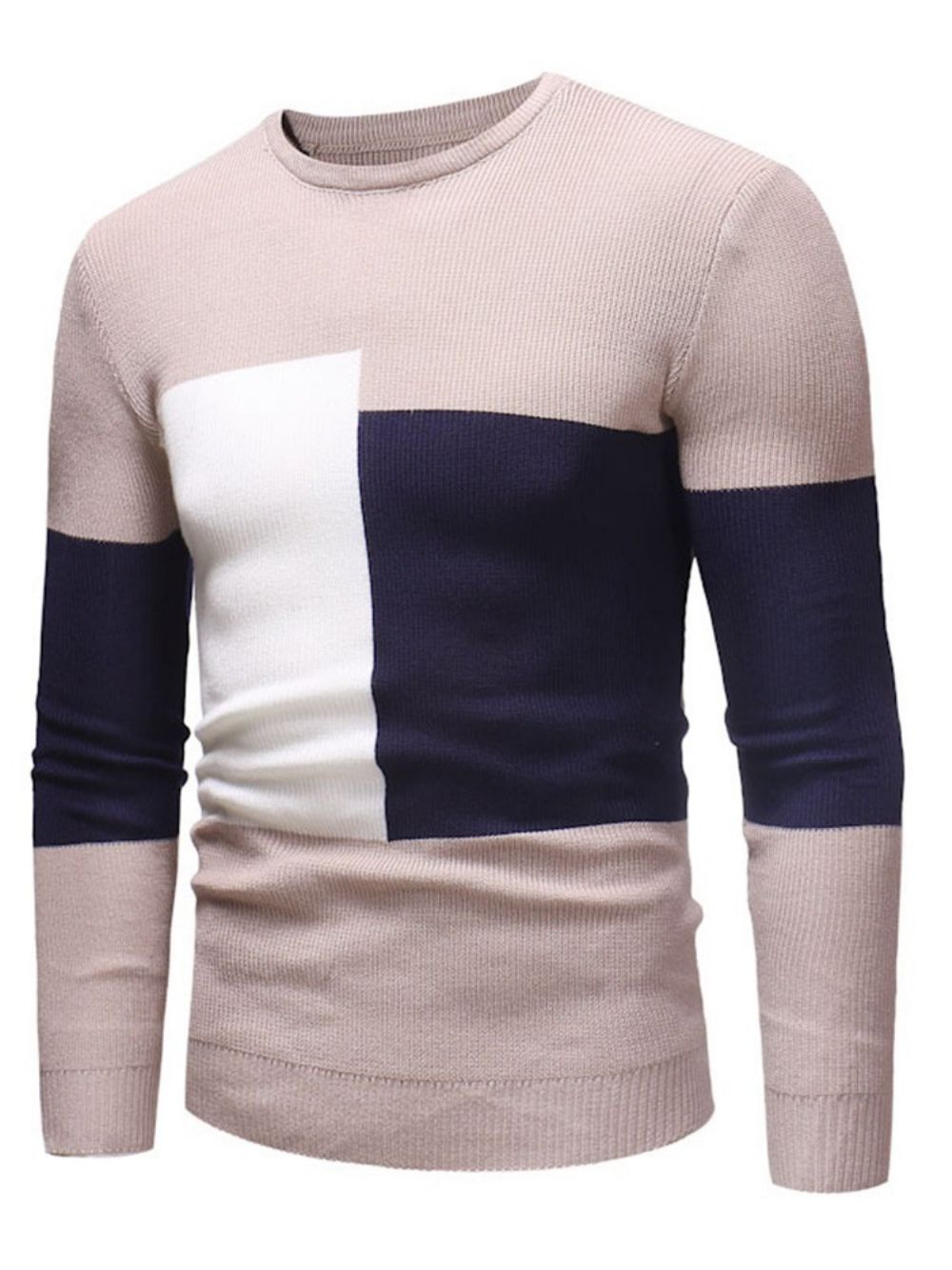 Suéter Casual Slim Com Decote Redondo Patchwork Color Block