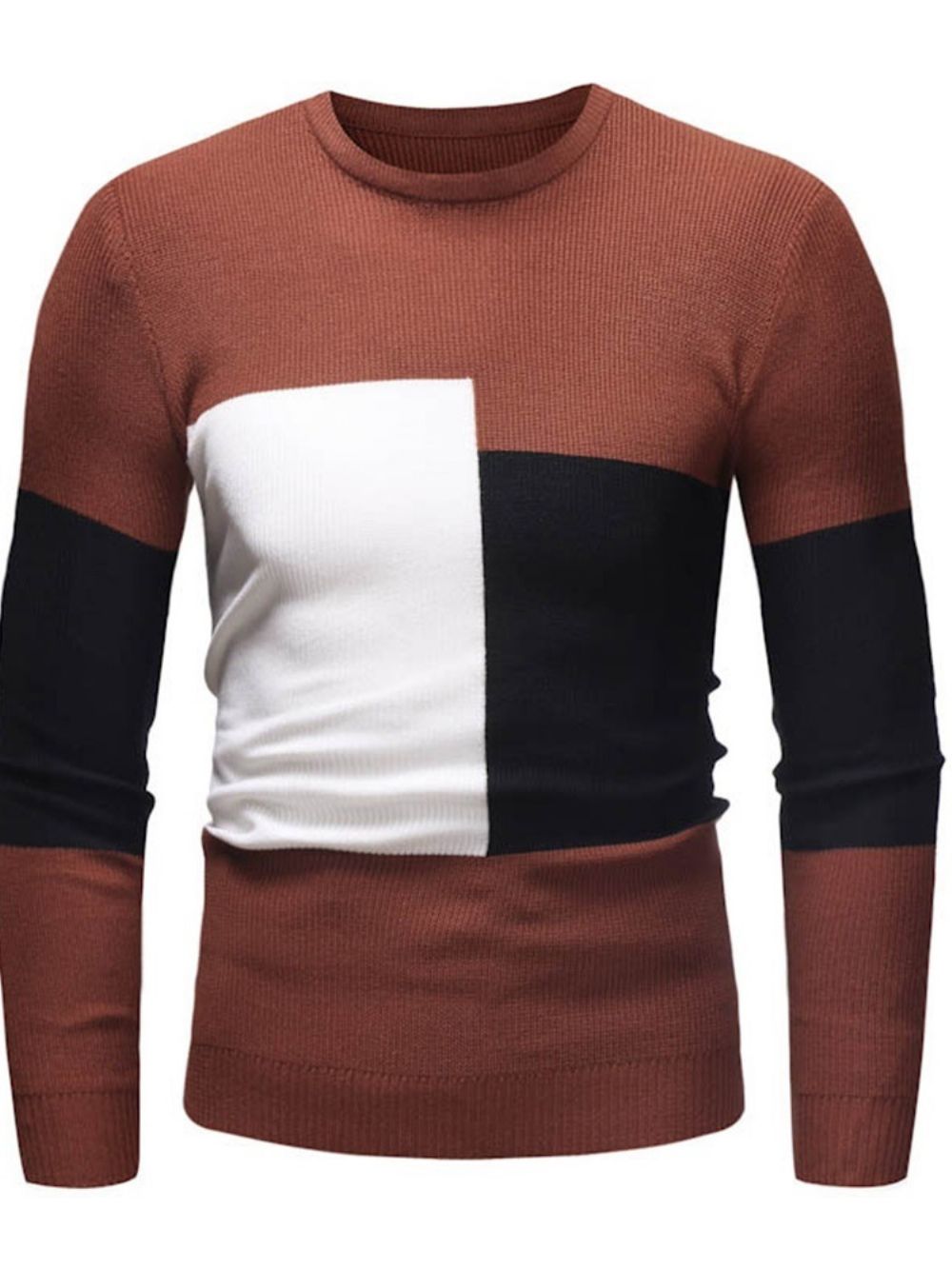 Suéter Casual Slim Com Decote Redondo Patchwork Color Block