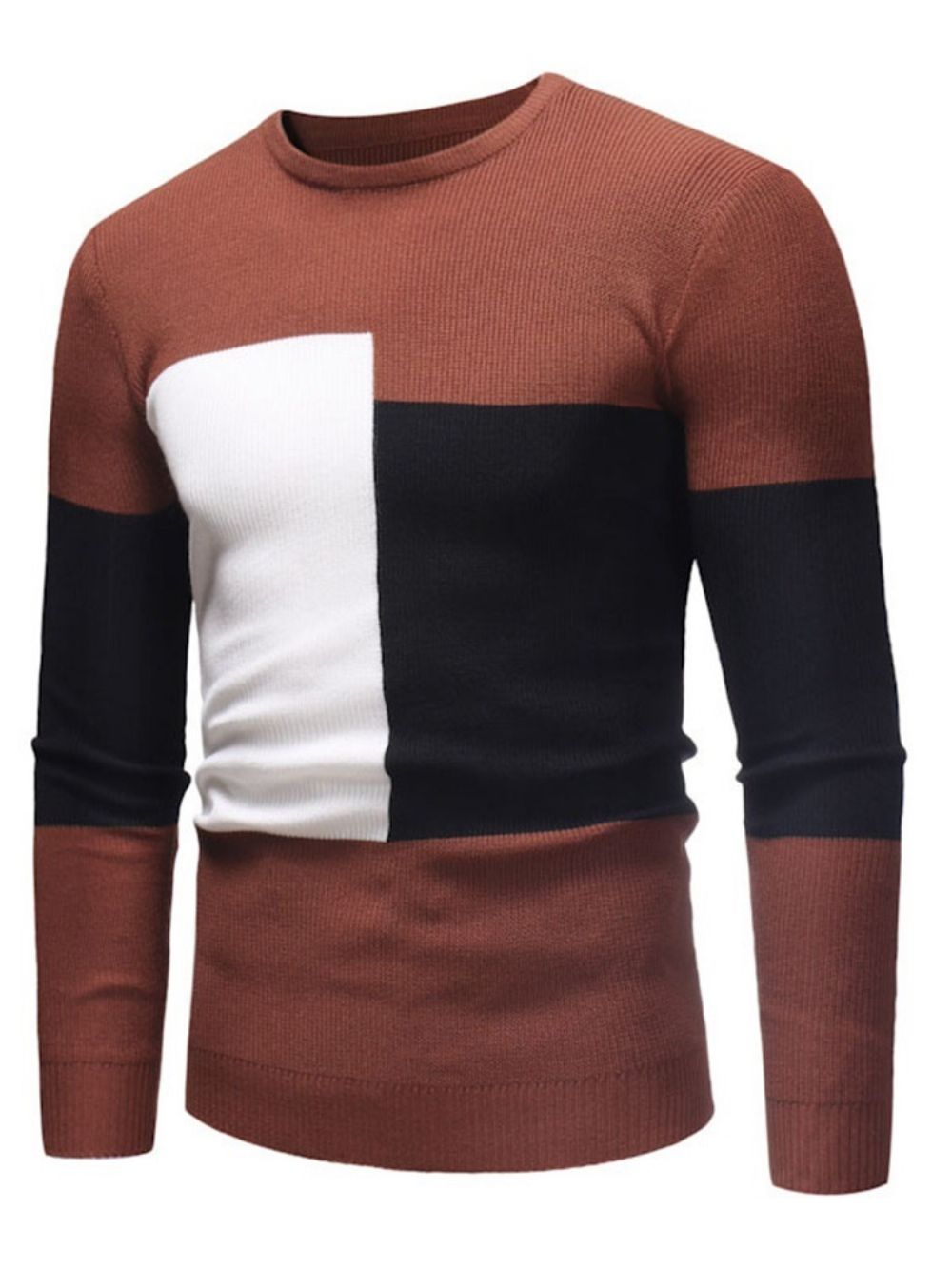 Suéter Casual Slim Com Decote Redondo Patchwork Color Block