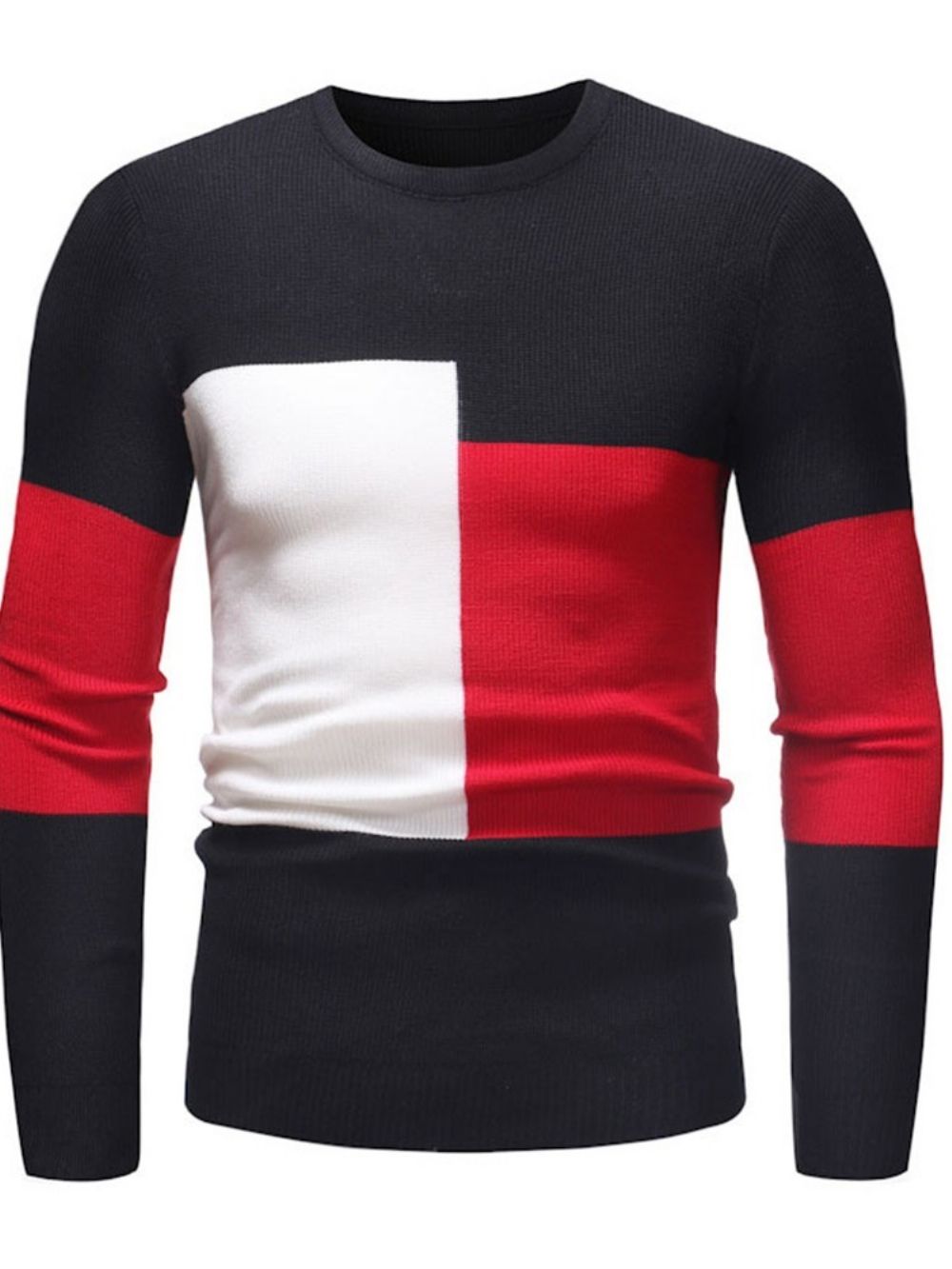 Suéter Casual Slim Com Decote Redondo Patchwork Color Block