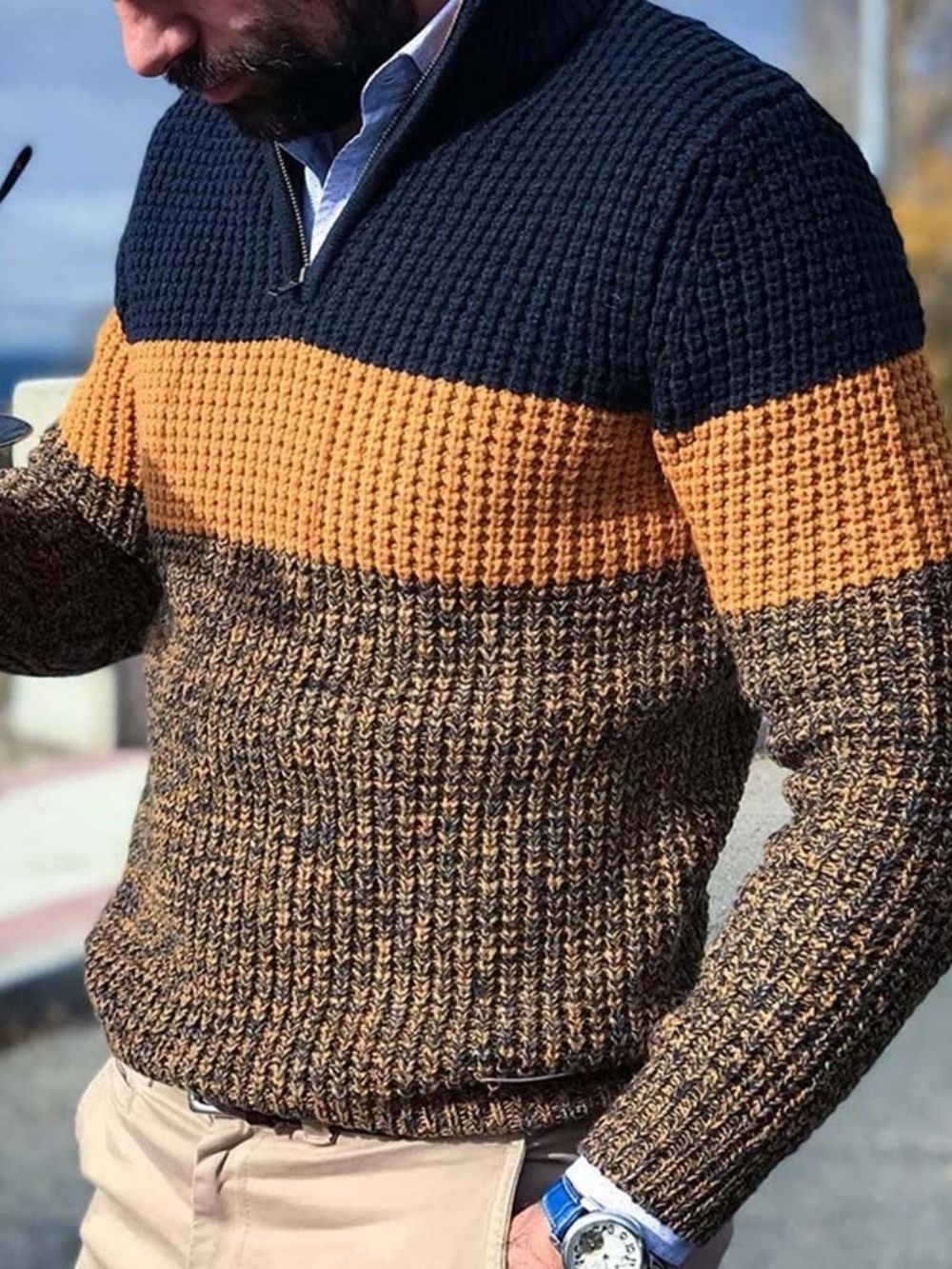 Suéter Masculino Padrão Color Block Casual Estilo Solto