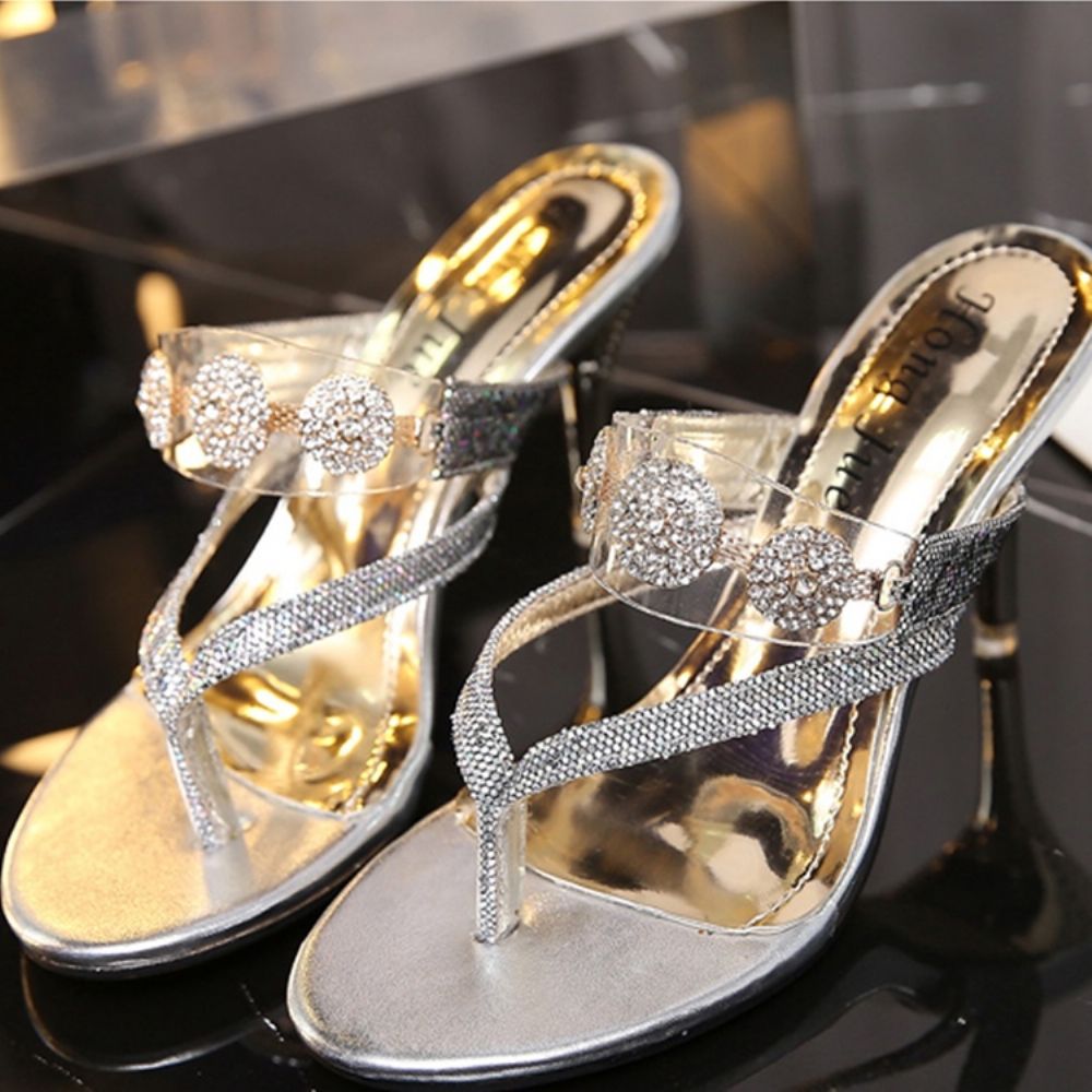 Sapatos Mules De Salto Agulha Com Strass E Lantejoulas