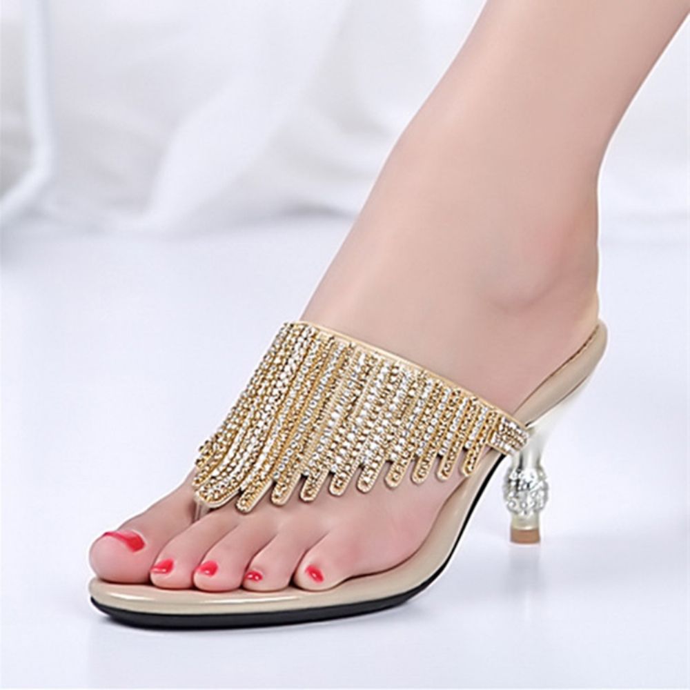 Sapatos Mules De Salto Alto Com Strass Fio Dental