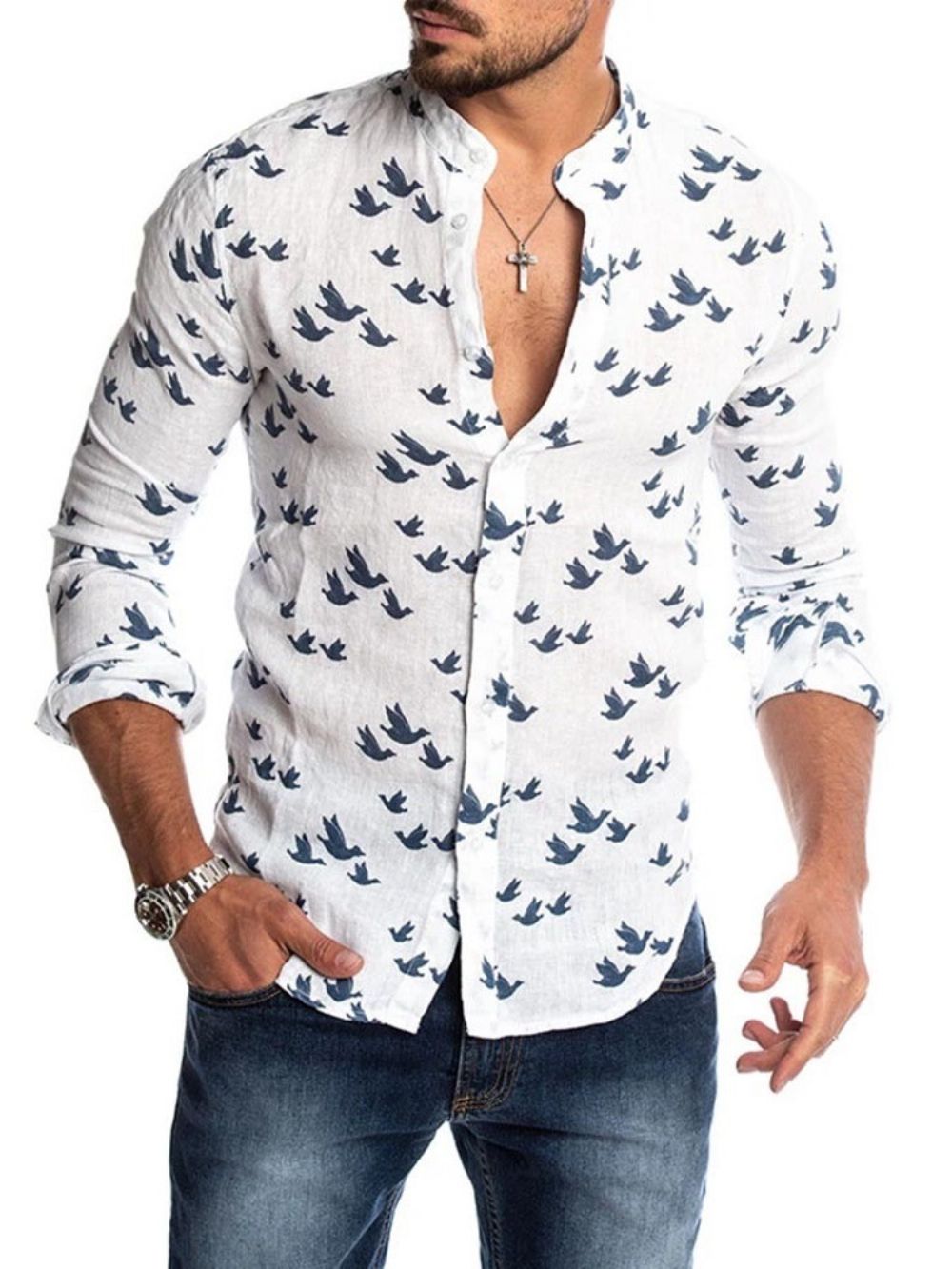 Camisa Casual Masculina Casual Com Estampa De Gola Alta