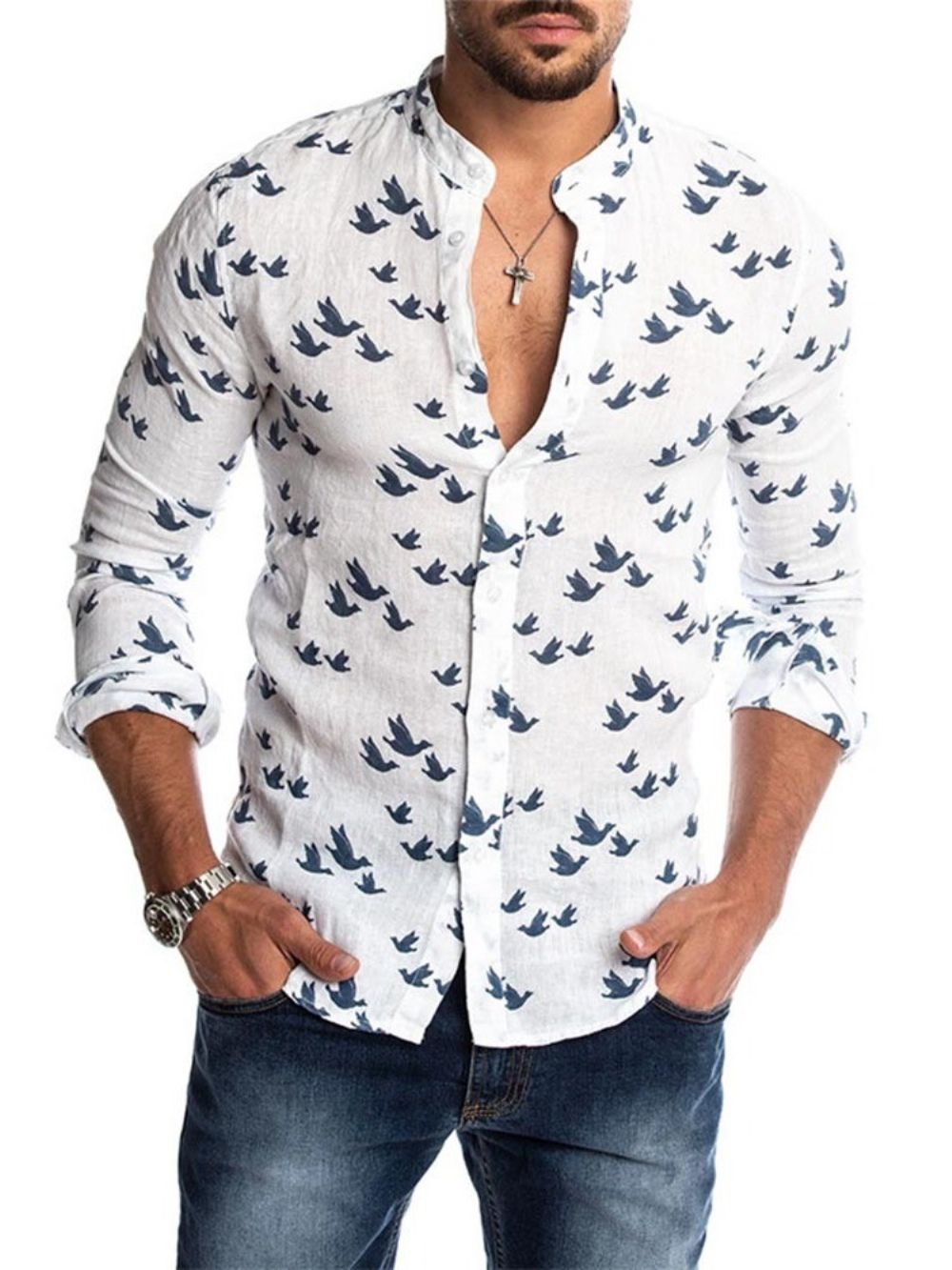 Camisa Casual Masculina Casual Com Estampa De Gola Alta