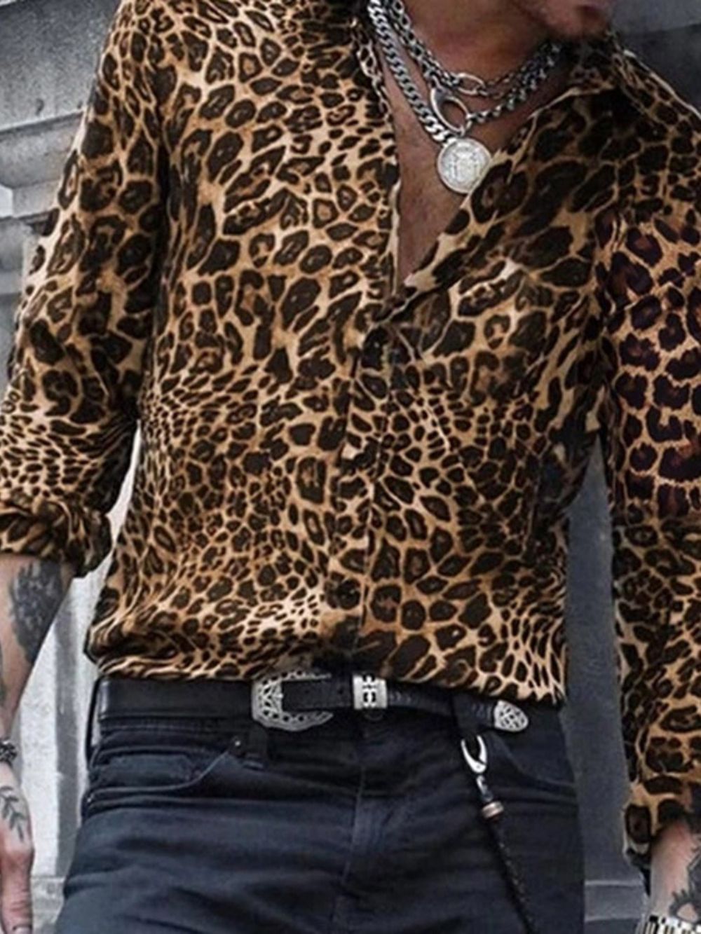 Camisa Casual Masculina De Lapela Leopardo Slim