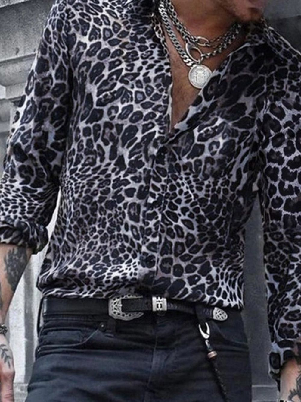 Camisa Casual Masculina De Lapela Leopardo Slim