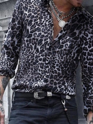 Camisa Casual Masculina De Lapela Leopardo Slim