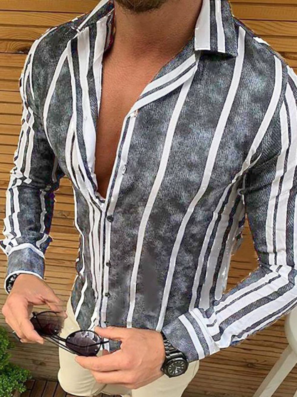 Camisa Casual Masculina De Lapela Listrada Sem Abotoamento