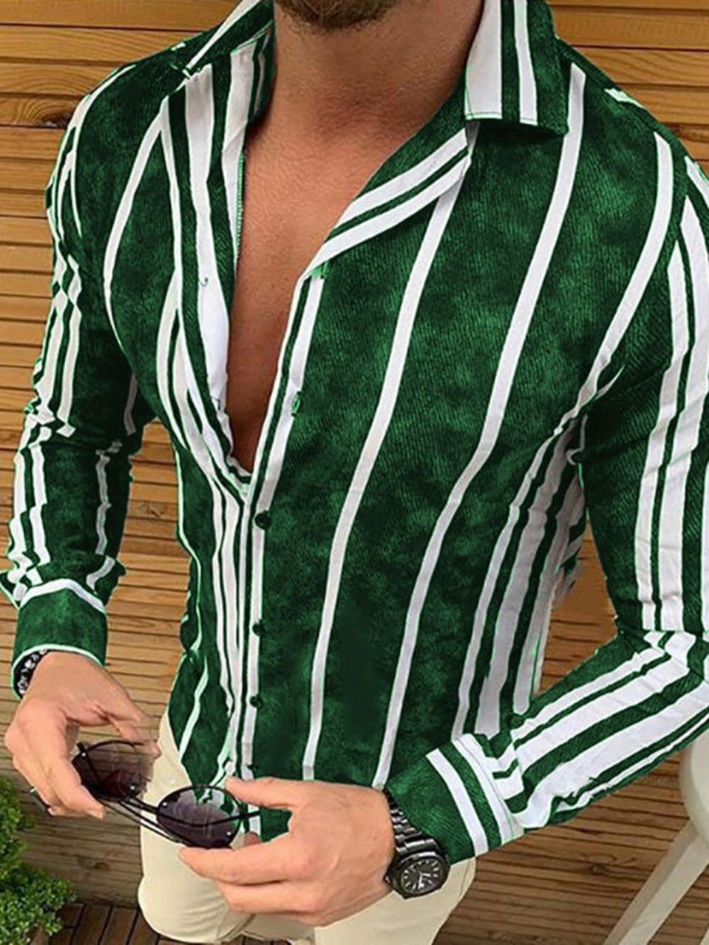 Camisa Casual Masculina De Lapela Listrada Sem Abotoamento