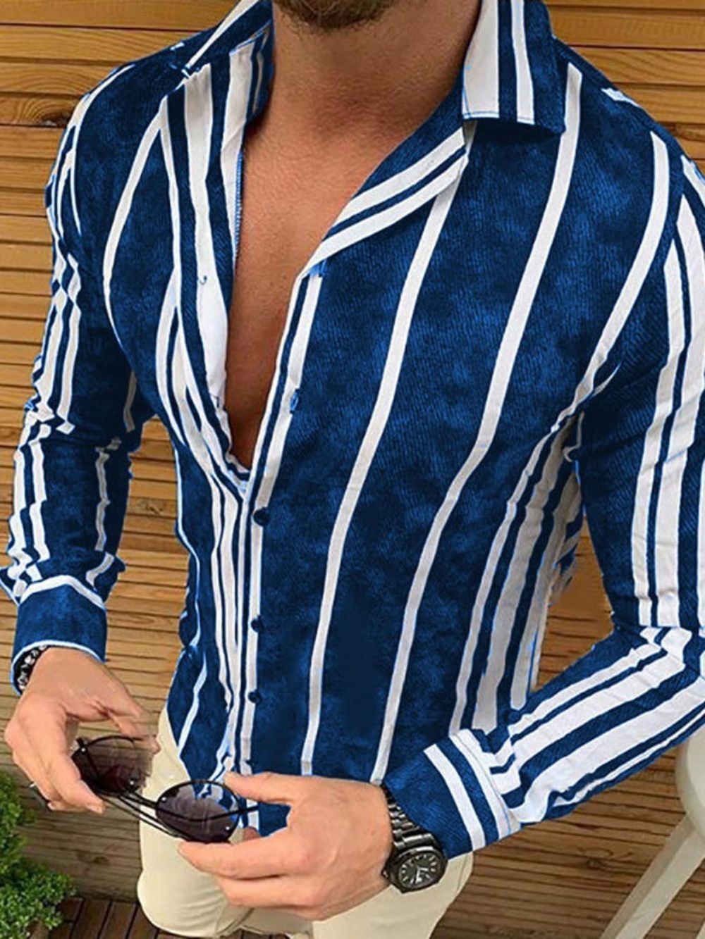 Camisa Casual Masculina De Lapela Listrada Sem Abotoamento