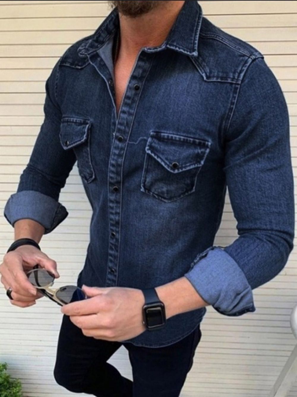 Camisa Casual Masculina De Lapela Simples Simples Com Abotoamento