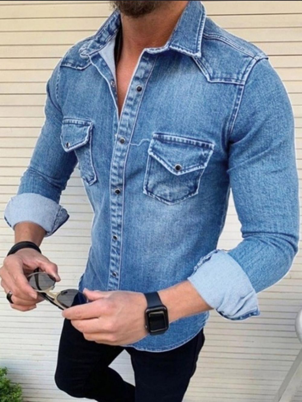 Camisa Casual Masculina De Lapela Simples Simples Com Abotoamento