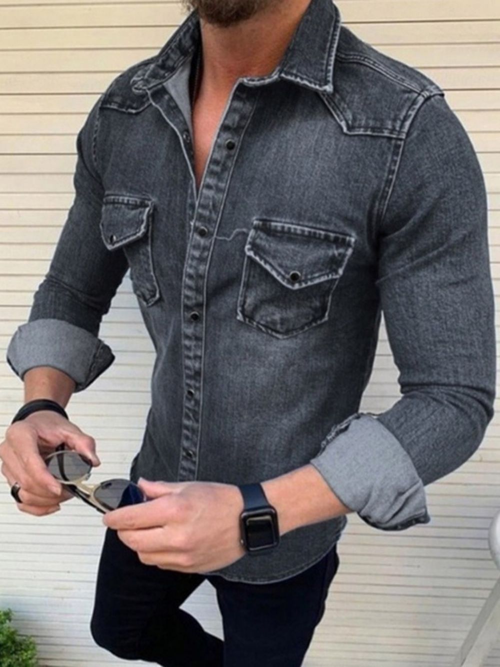 Camisa Casual Masculina De Lapela Simples Simples Com Abotoamento