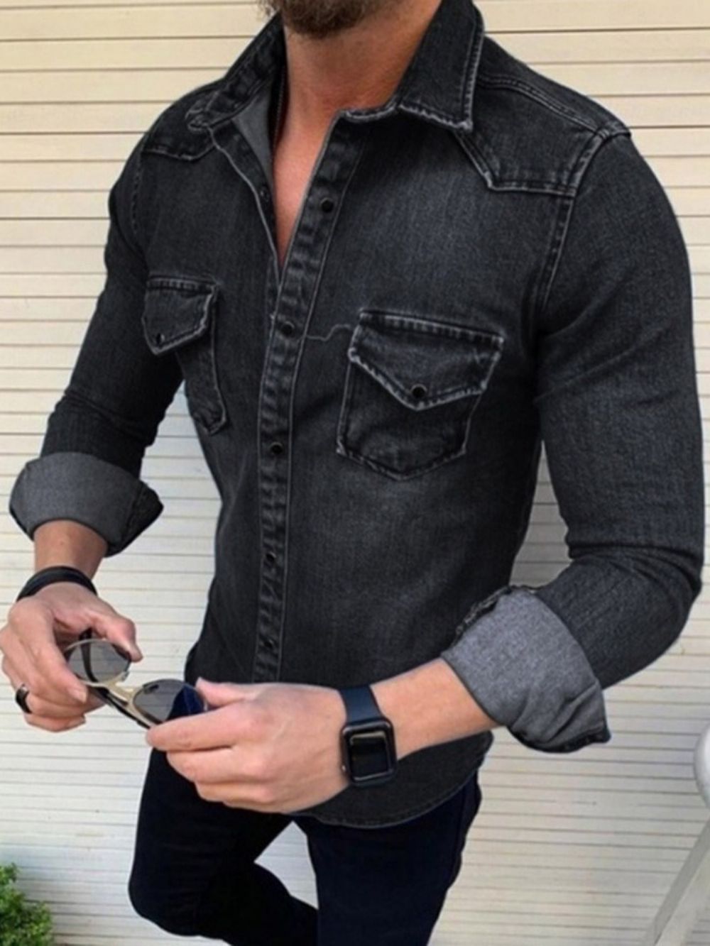 Camisa Casual Masculina De Lapela Simples Simples Com Abotoamento