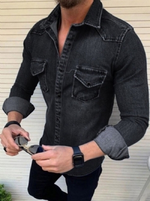 Camisa Casual Masculina De Lapela Simples Simples Com Abotoamento