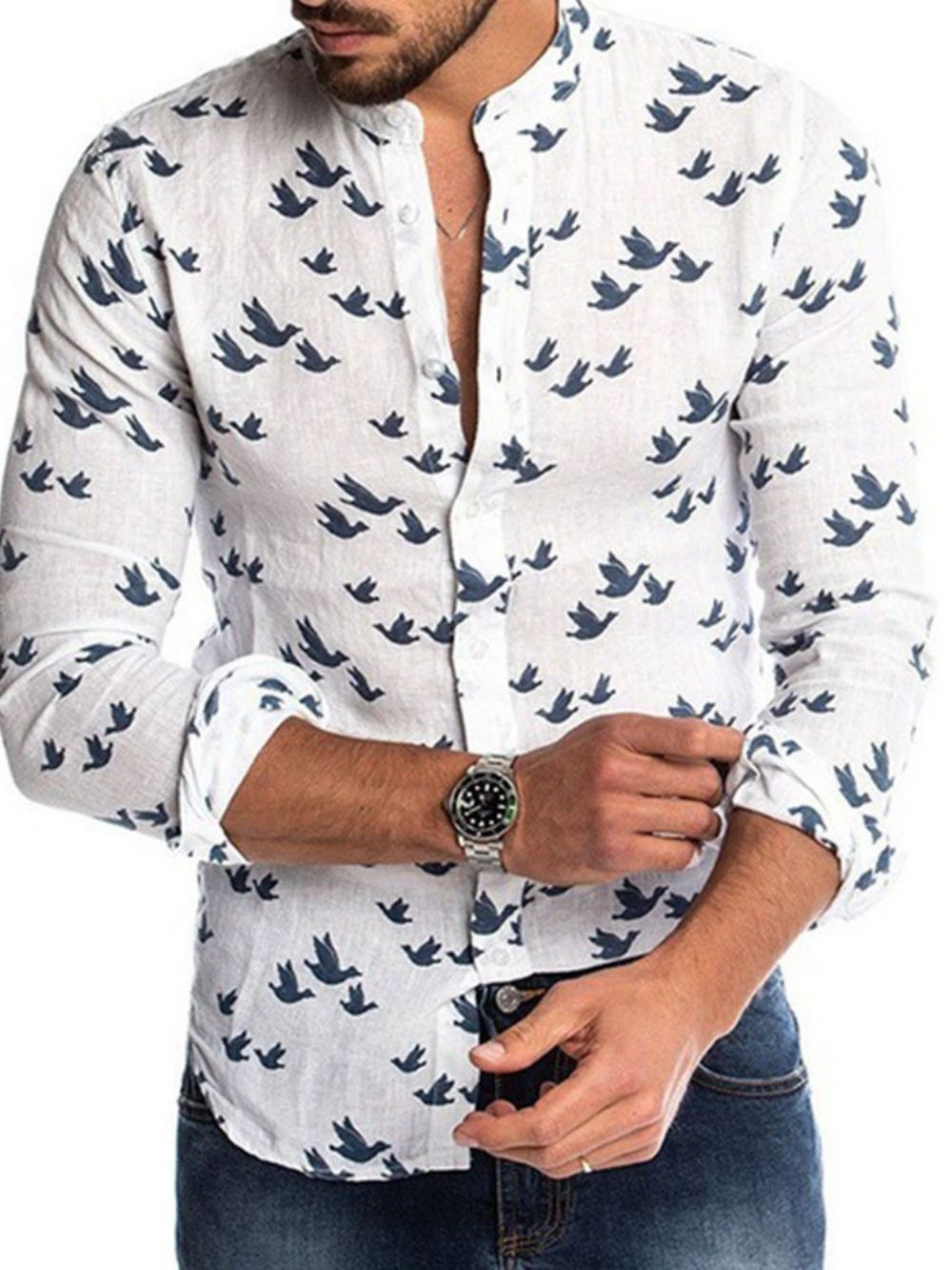 Camisa Casual Masculina Micro-Elástica Estampada Casual