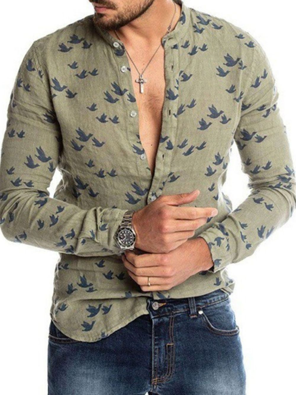 Camisa Casual Masculina Micro-Elástica Estampada Casual