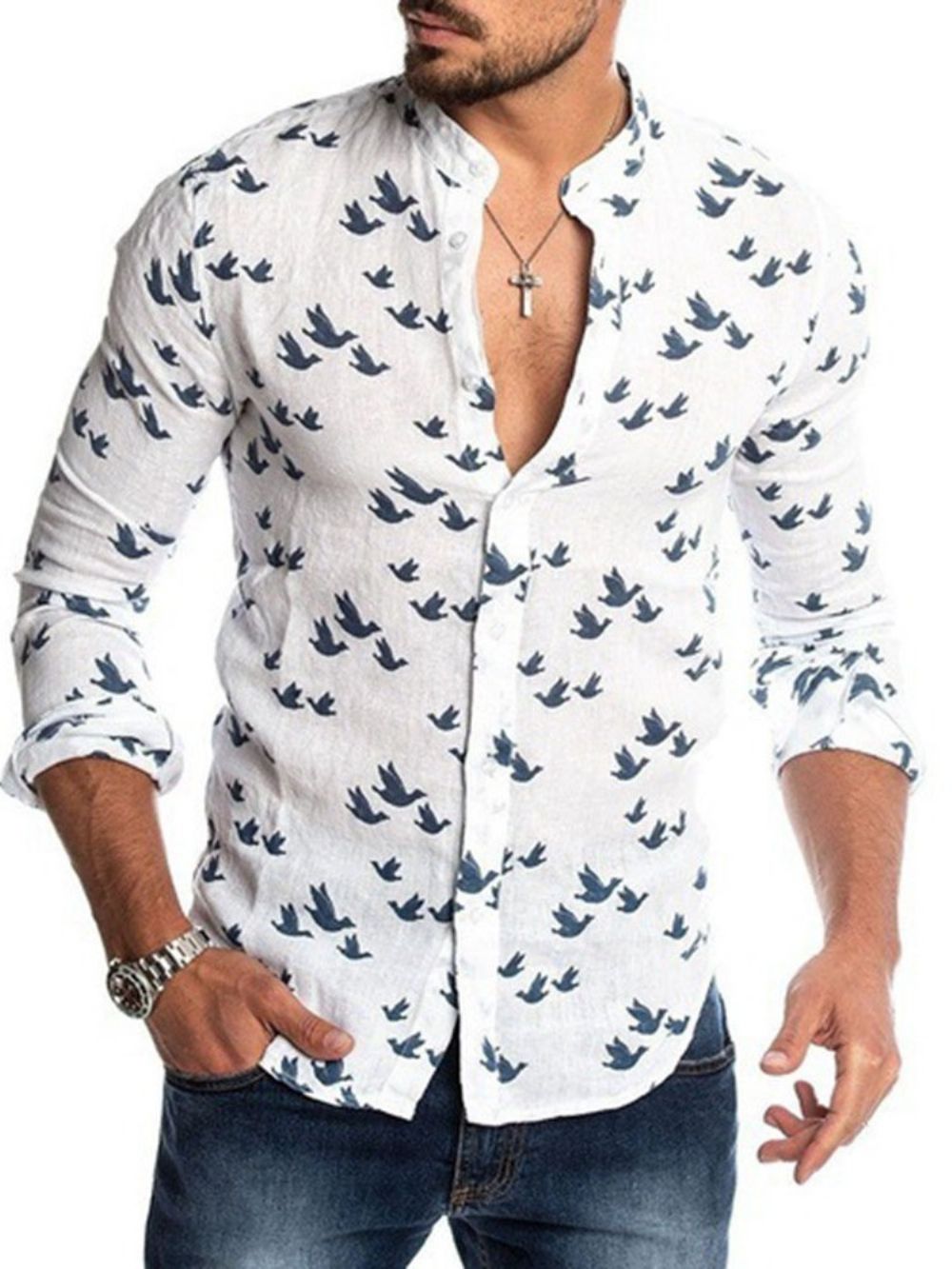 Camisa Casual Masculina Micro-Elástica Estampada Casual