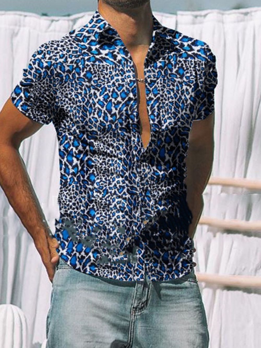 Camisa Casual Masculina Micro-Elástica Estampada Lapela Casual Micro-Elástica