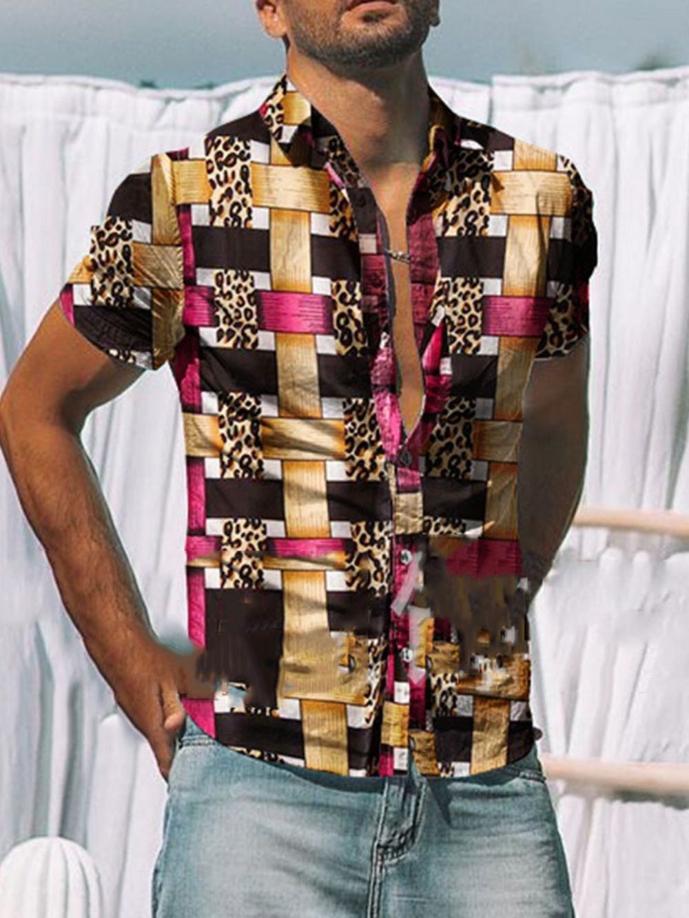 Camisa Casual Masculina Micro-Elástica Estampada Lapela Casual Micro-Elástica