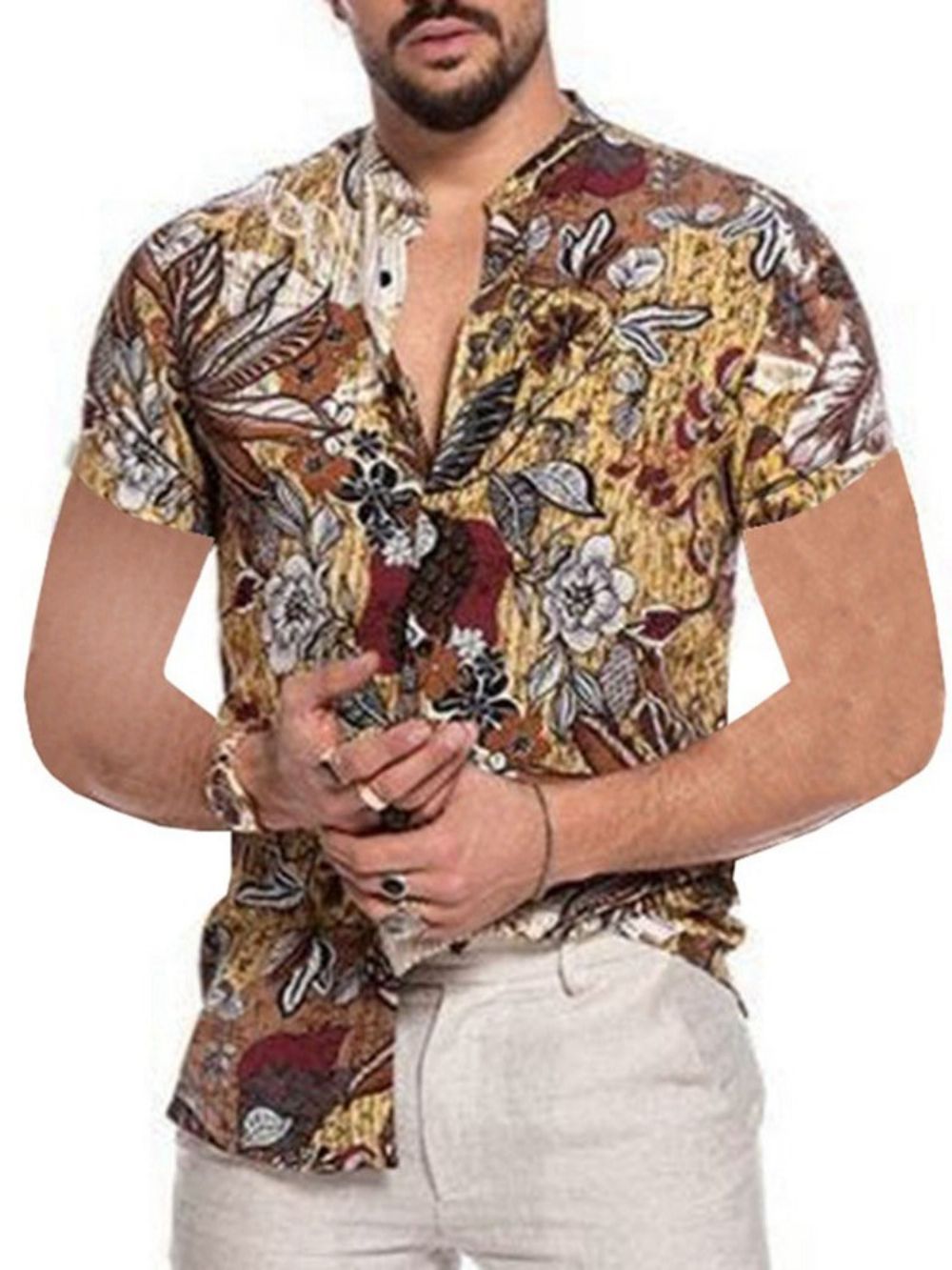 Camisa Casual Masculina De Verão Com Lapela Floral