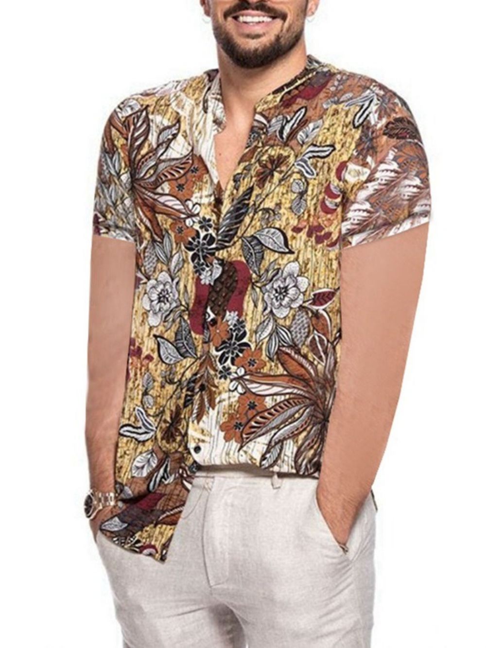 Camisa Casual Masculina De Verão Com Lapela Floral