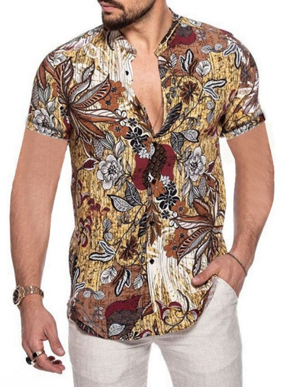 Camisa Casual Masculina De Verão Com Lapela Floral