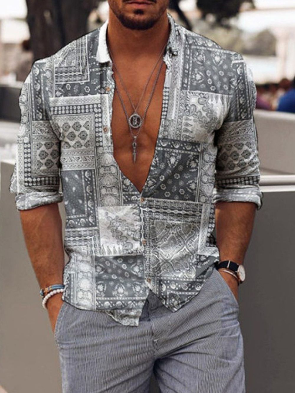 Camisa Casual De Outono Estampada Com Lapela Simples