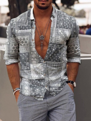 Camisa Casual De Outono Estampada Com Lapela Simples