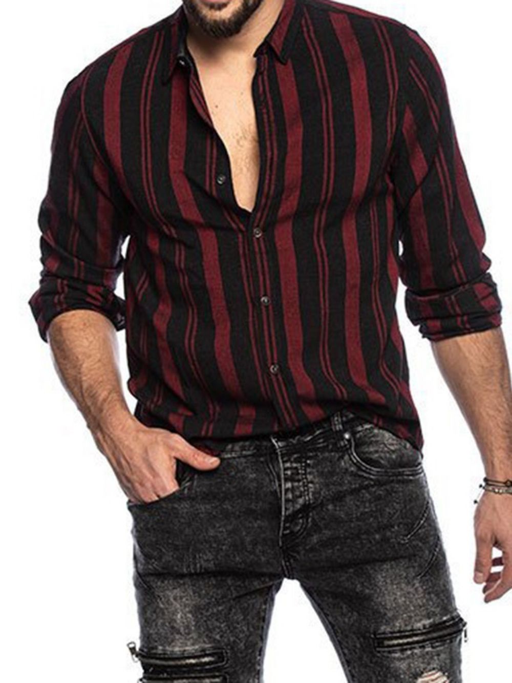 Camisa Casual Slim Com Estampa De Listras E Lapela