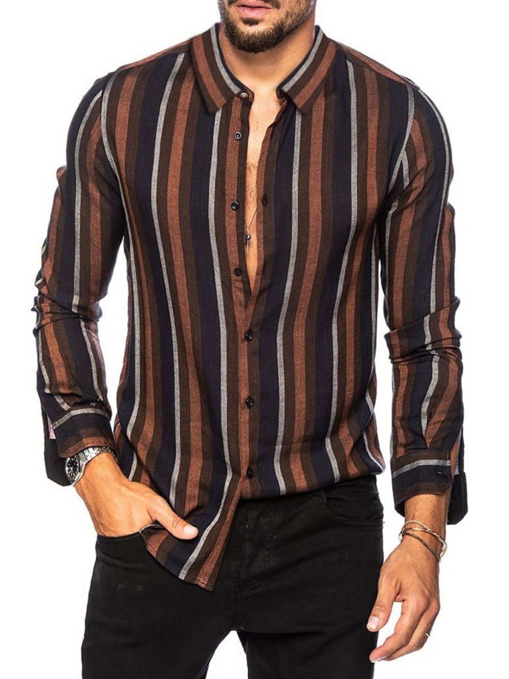 Camisa Casual Slim Com Estampa De Listras E Lapela