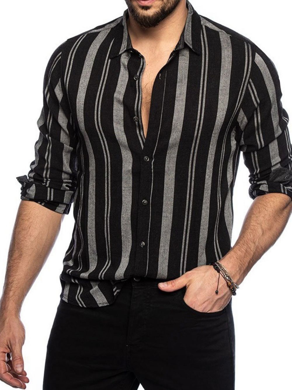 Camisa Casual Slim Com Estampa De Listras E Lapela