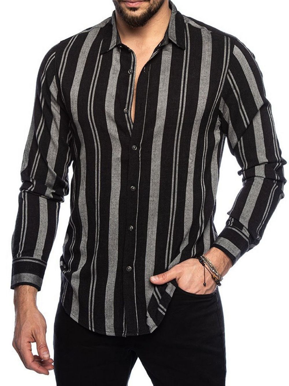 Camisa Casual Slim Com Estampa De Listras E Lapela