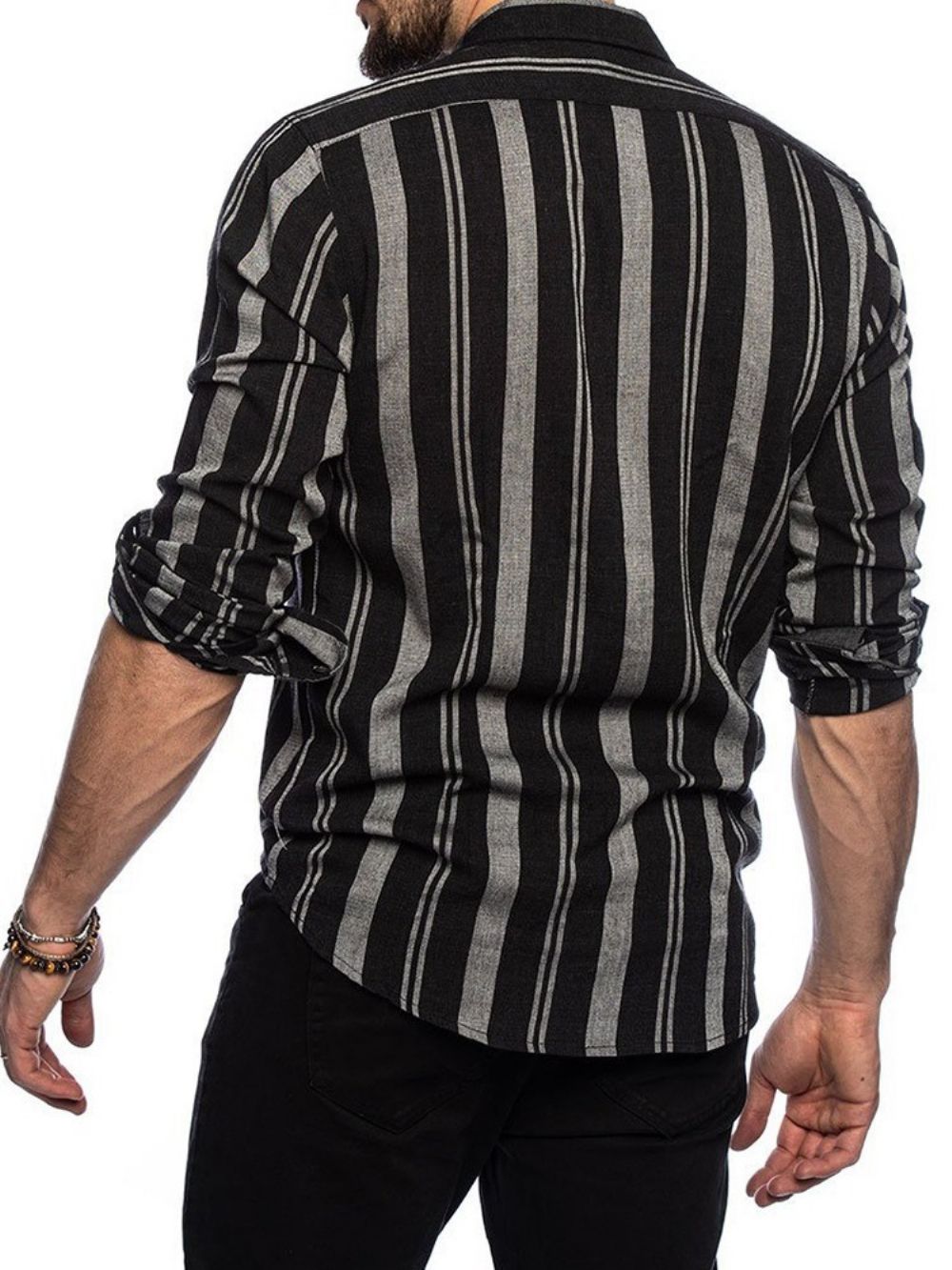 Camisa Casual Slim Com Estampa De Listras E Lapela