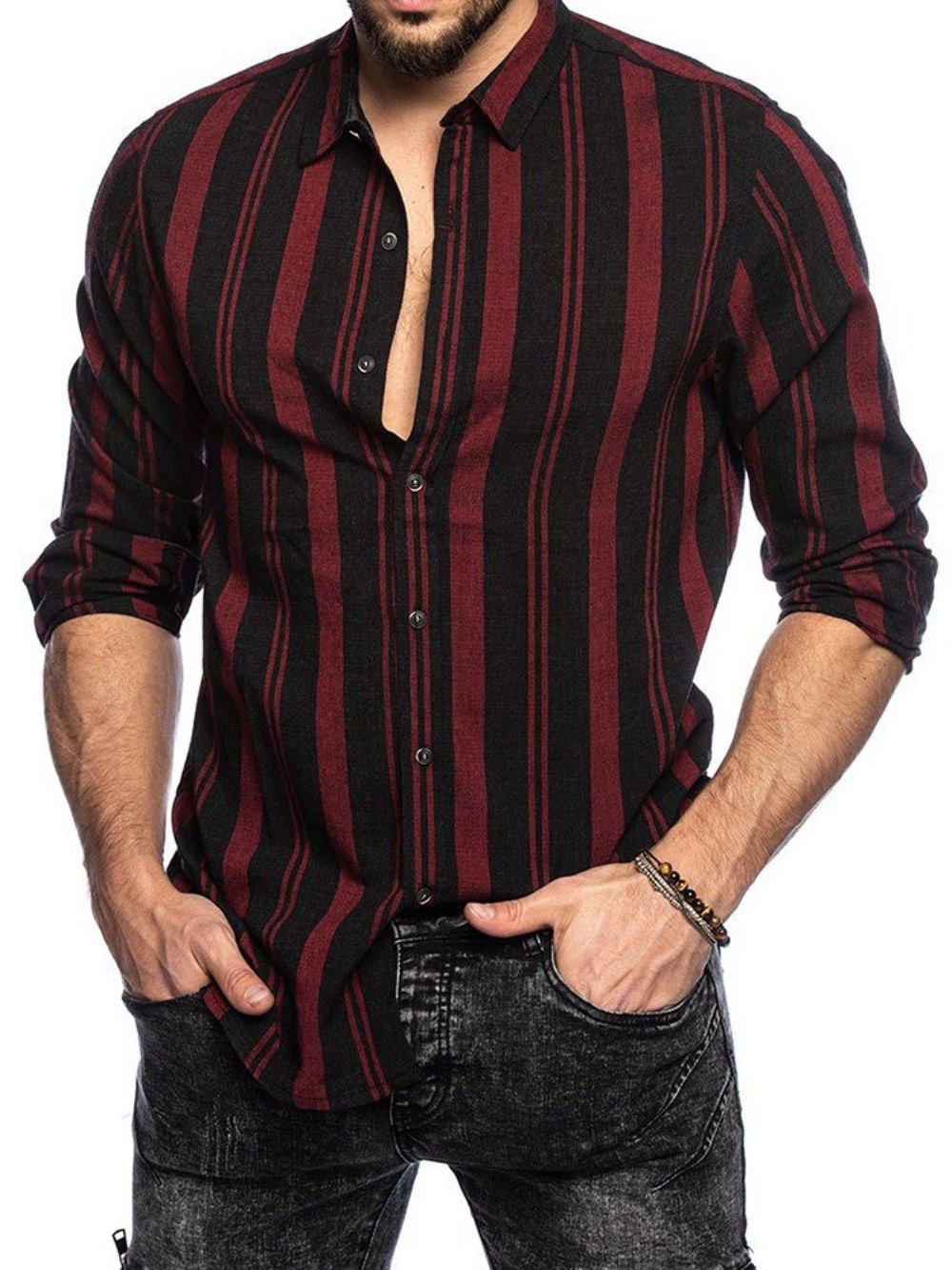 Camisa Casual Slim Com Estampa De Listras E Lapela