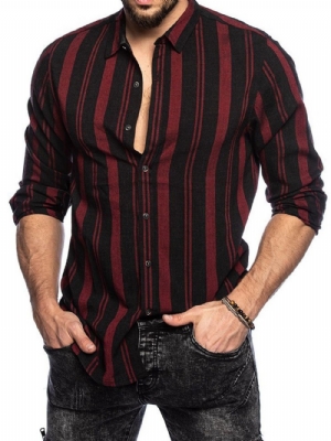 Camisa Casual Slim Com Estampa De Listras E Lapela