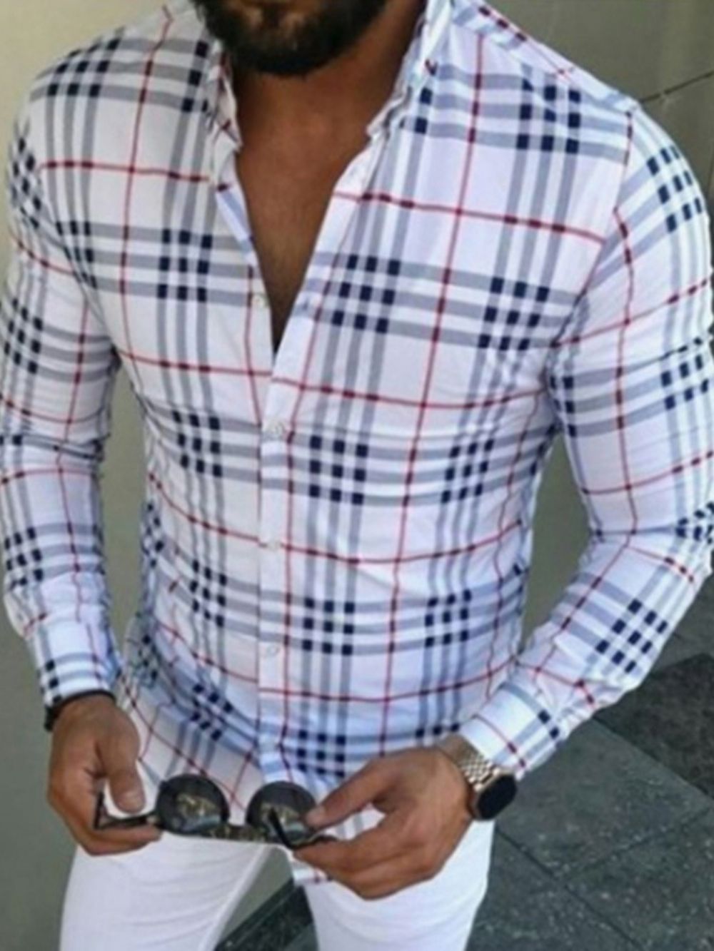 Camisa Casual De Verão Com Botão Xadrez