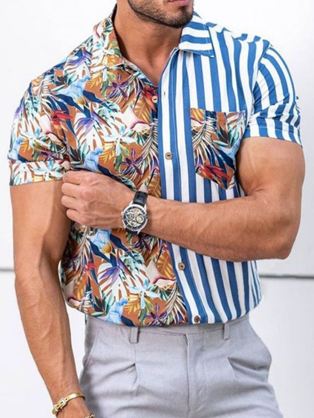 Camisa Casual De Verão Estampa Listrada Sem Abotoamento