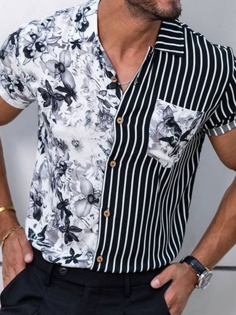 Camisa Casual De Verão Estampa Listrada Sem Abotoamento