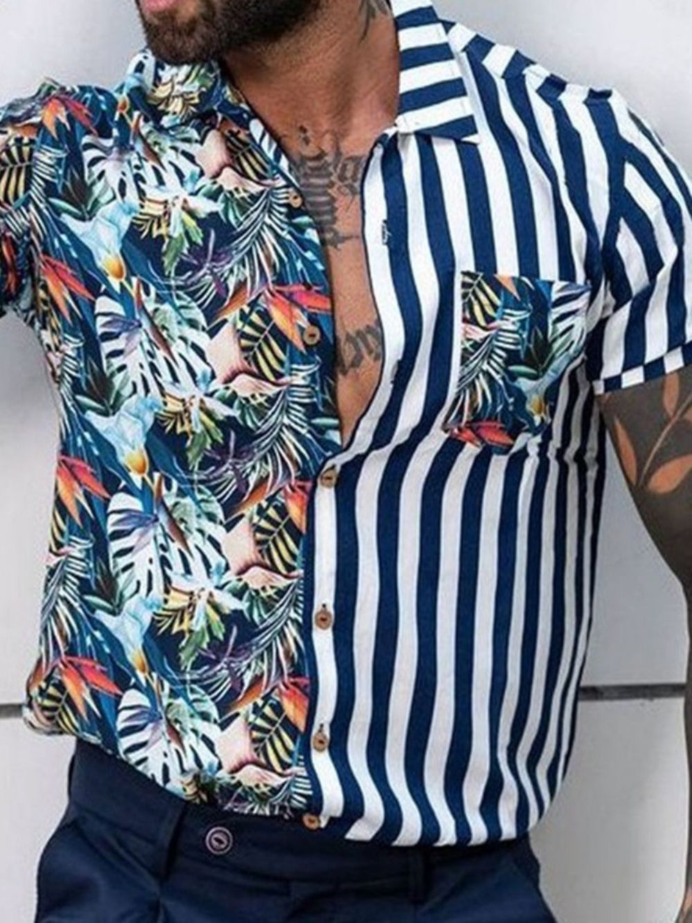 Camisa Casual De Verão Estampa Listrada Sem Abotoamento