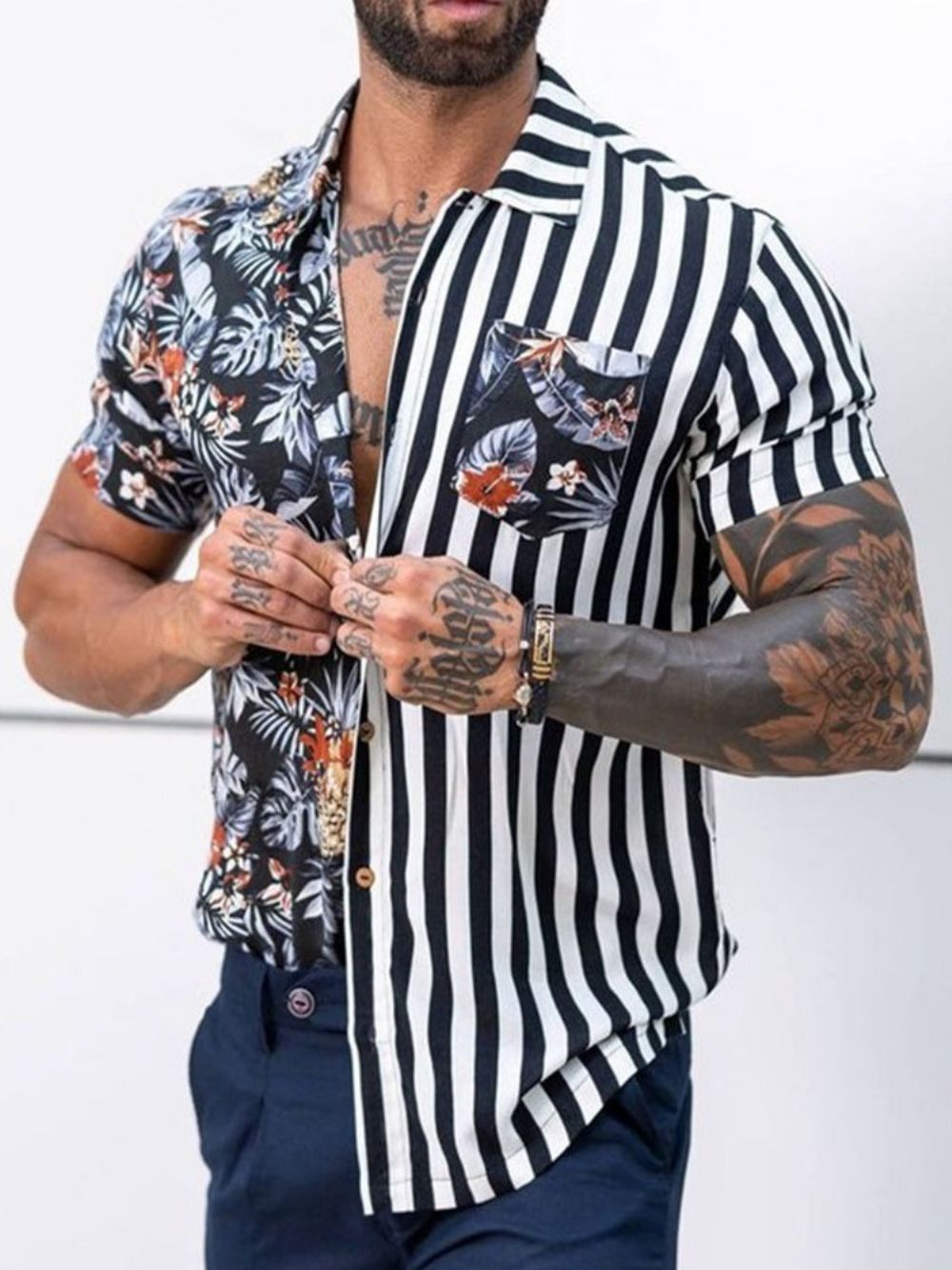 Camisa Casual De Verão Estampa Listrada Sem Abotoamento