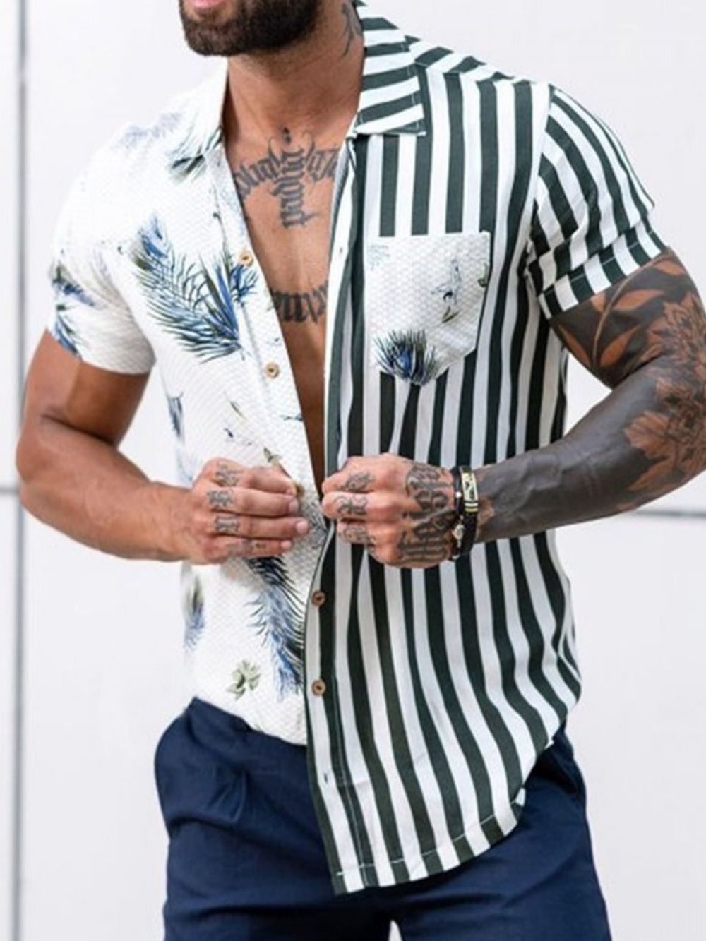 Camisa Casual De Verão Estampa Listrada Sem Abotoamento