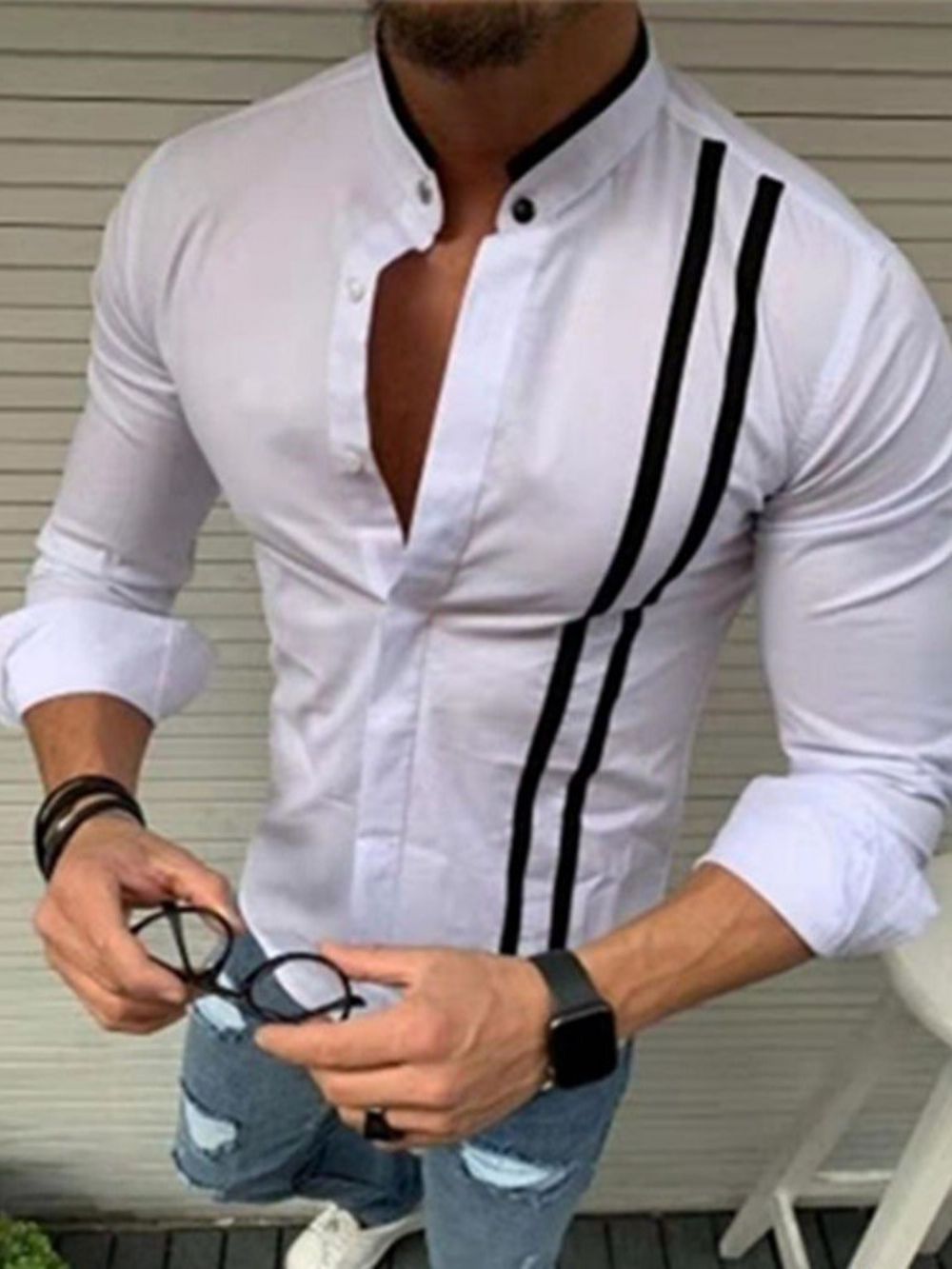 Camisa Masculina De Abotoamento Casual Slim Com Botão