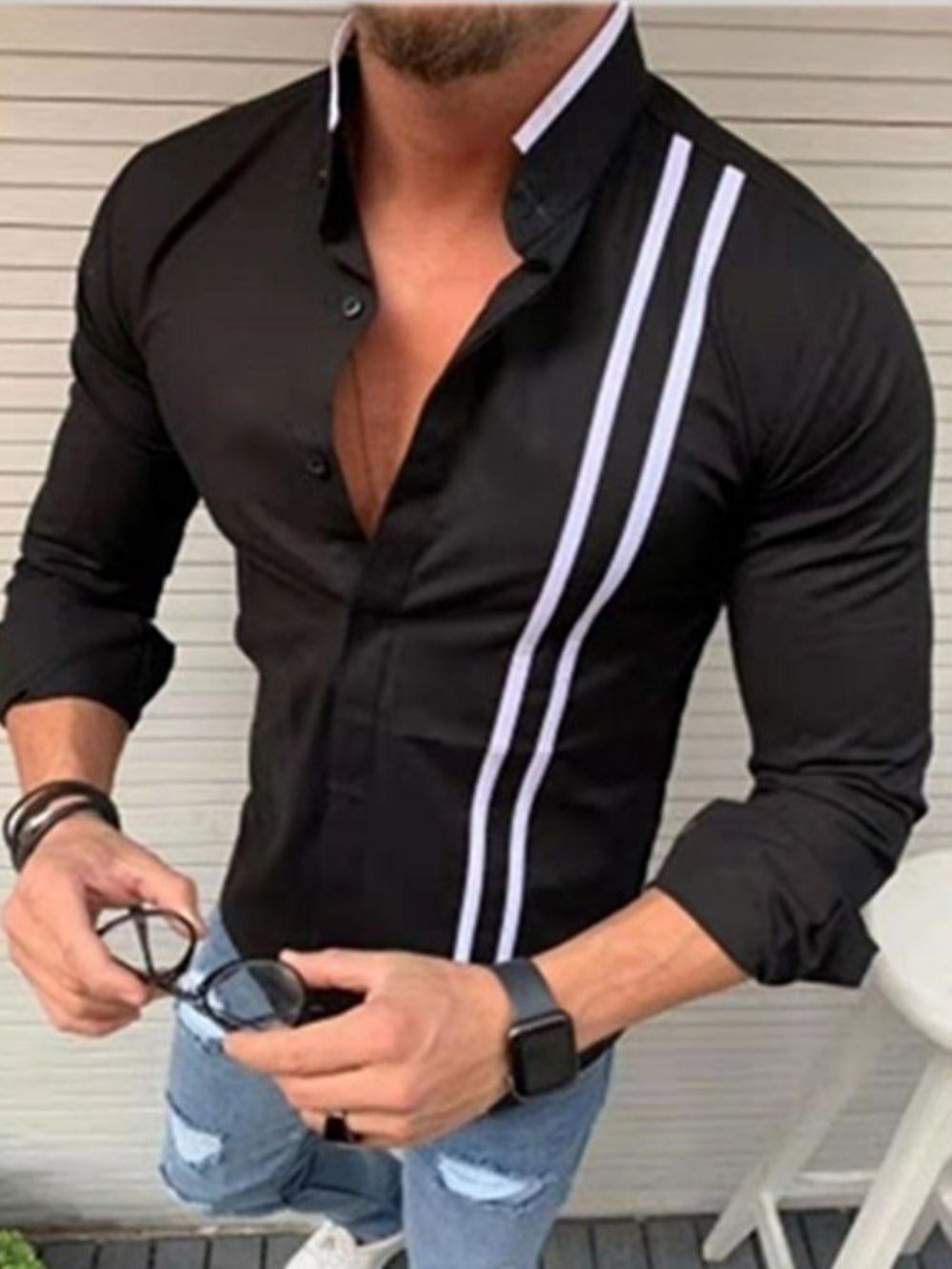 Camisa Masculina De Abotoamento Casual Slim Com Botão