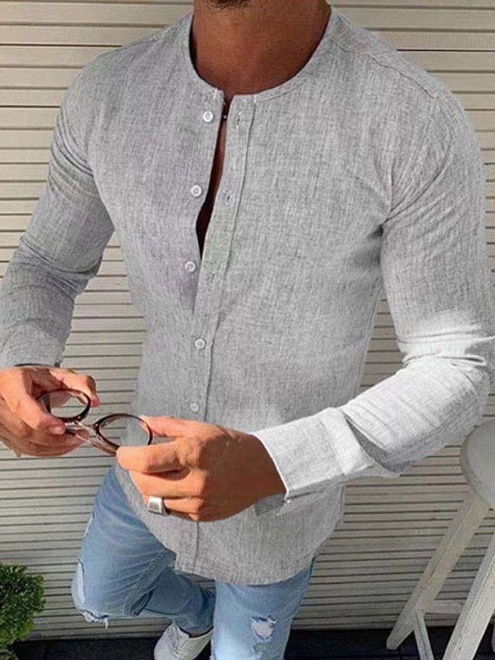 Camisa Masculina De Abotoamento Simples Com Gola Com Botão Casual