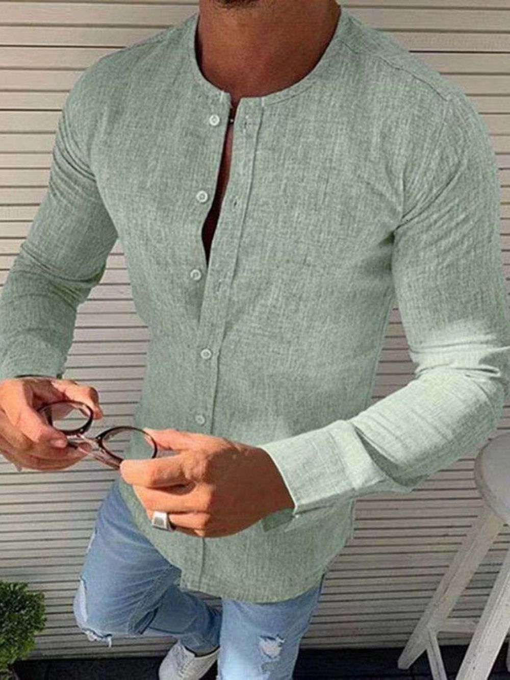 Camisa Masculina De Abotoamento Simples Com Gola Com Botão Casual