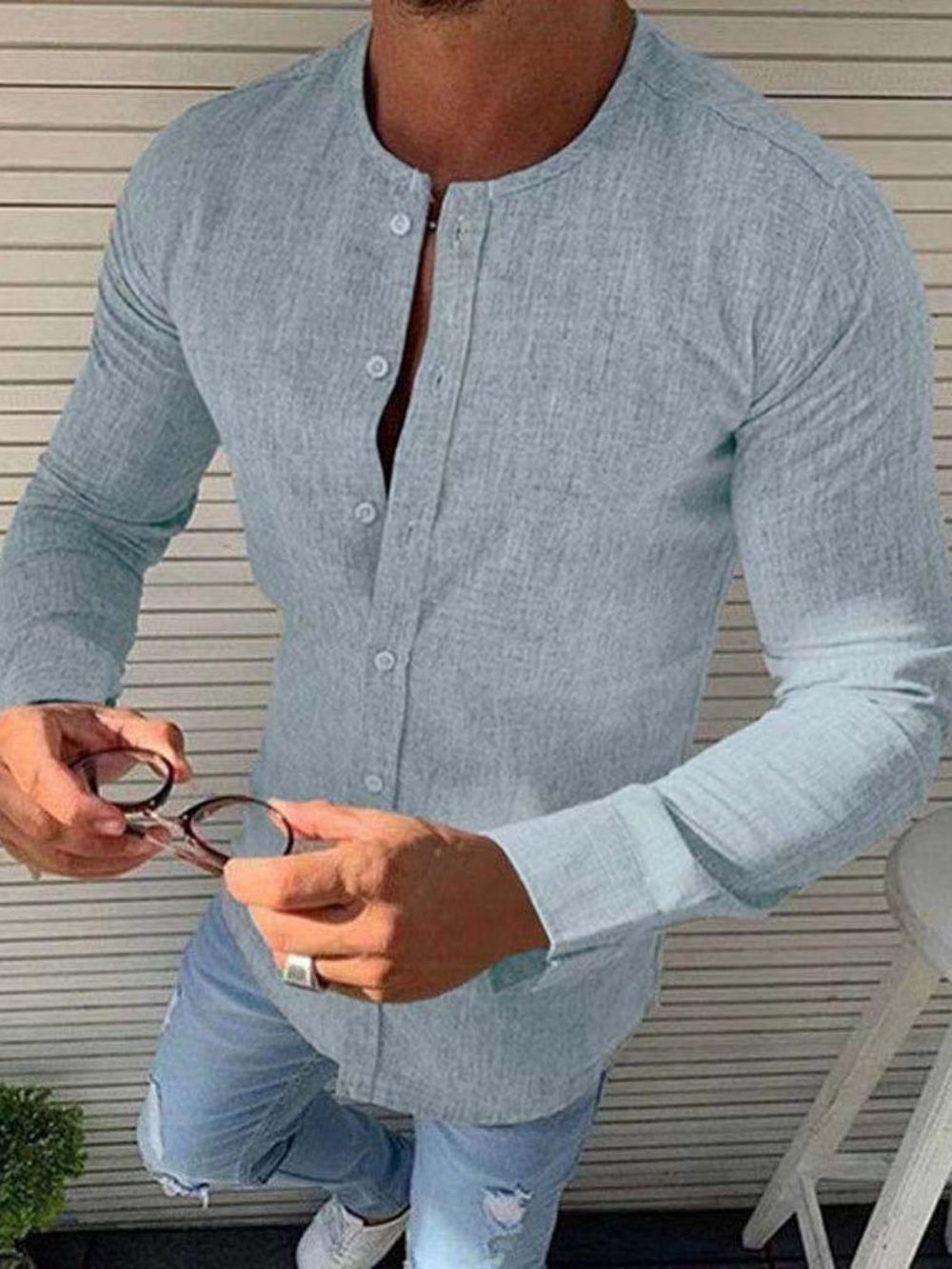 Camisa Masculina De Abotoamento Simples Com Gola Com Botão Casual